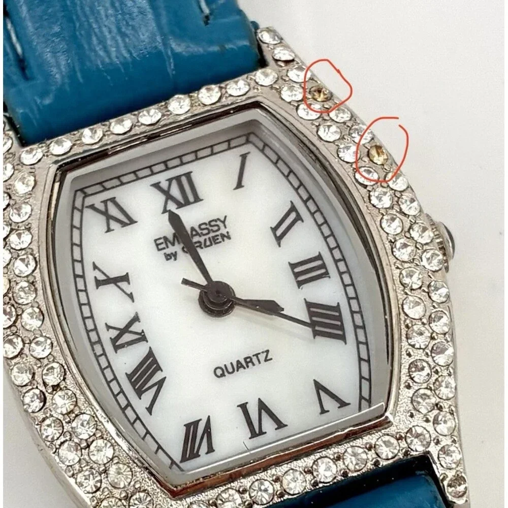 Embassy by Gruen Rhinestone Tonneau Watch Teal Leather Roman (X9)
